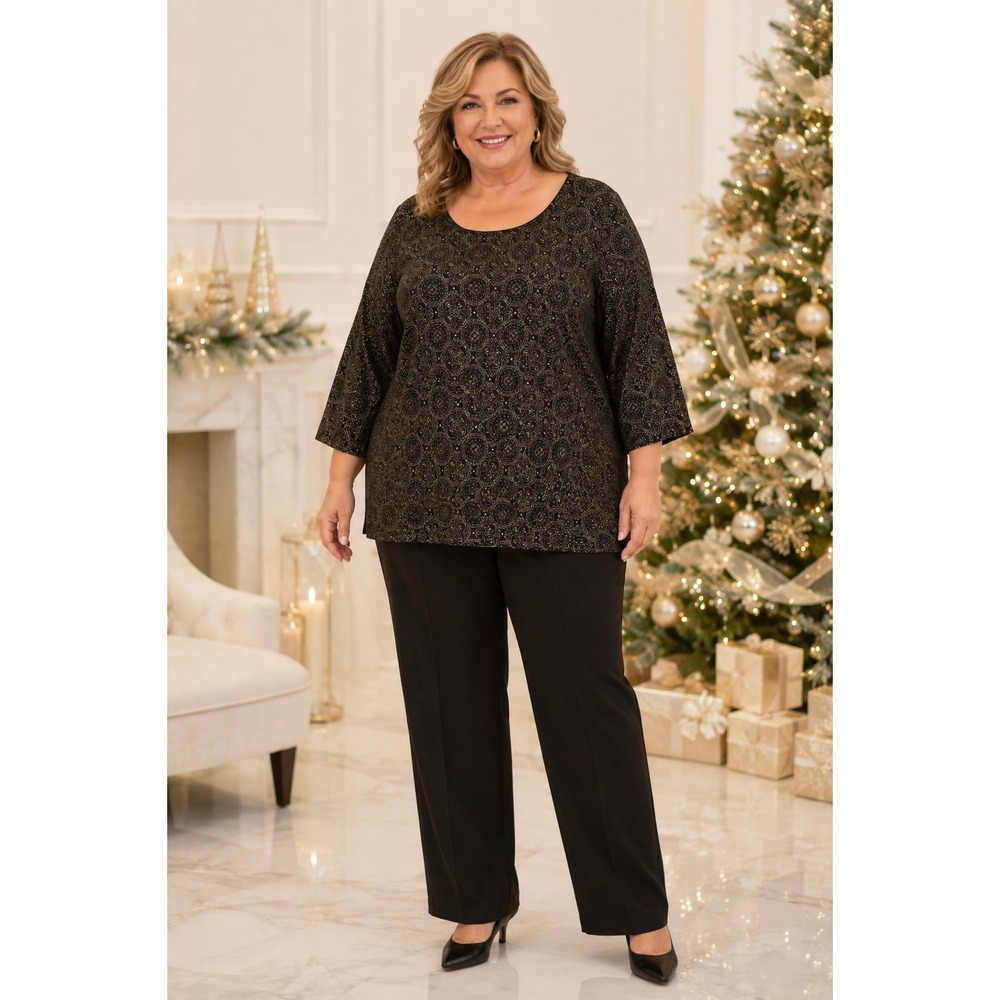 Karen Scott Tunic Top Glittery Medallion Print Black Gold Women 3X Holiday Glam